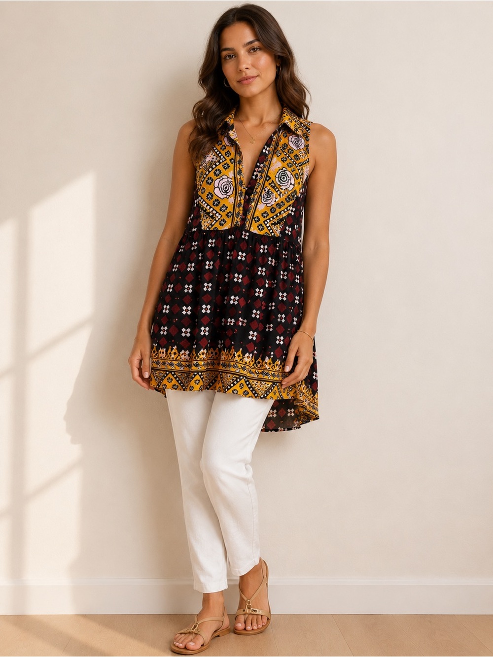 Free People Sleeveless Boho Tunic Top - Mustard & Black